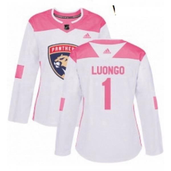 Womens Adidas Florida Panthers 1 Roberto Luongo Authentic WhitePink Fashion NHL Jersey