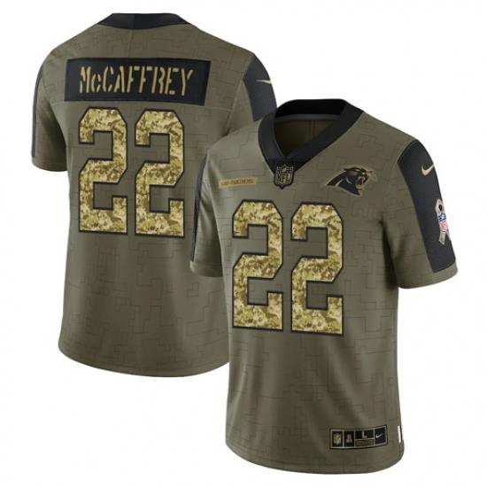Men Carolina Panthers 22 Christian McCaffrey 2021 Salute To Service Olive Camo Limited Stitched Jersey