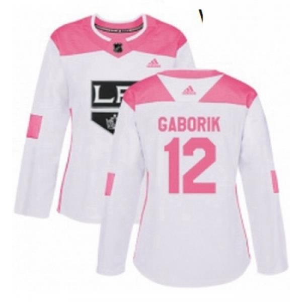 Womens Adidas Los Angeles Kings 12 Marian Gaborik Authentic WhitePink Fashion NHL Jersey