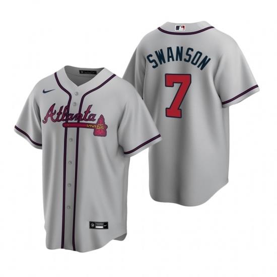Mens Nike Atlanta Braves 7 Dansby SWanson Gray Road Stitched Baseball Jerse