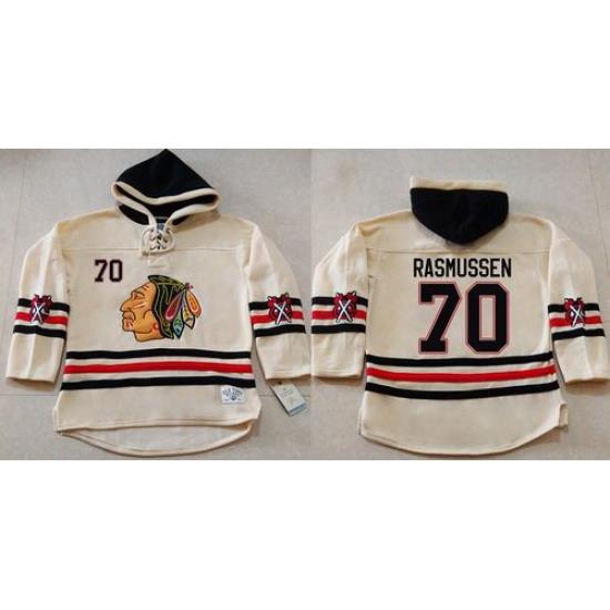 Men Chicago Blackhawks 70 Dennis Rasmussen Cream Heavyweight Pullover Hoodie Stitched NHL Jersey