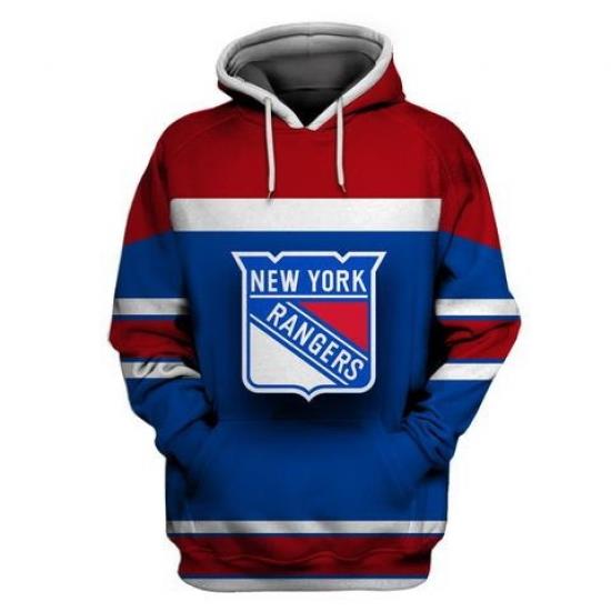 Men NY New York Rangers Blue Red All Stitched Hooded Sweatshirt
