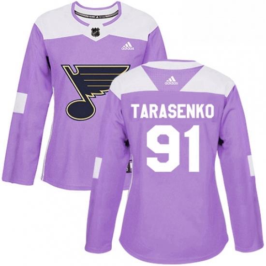 Womens Adidas St Louis Blues 91 Vladimir Tarasenko Authentic Purple Fights Cancer Practice NHL Jersey