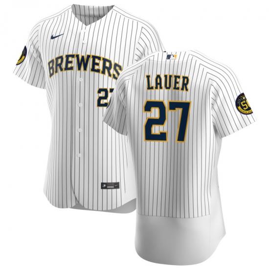 Men MilWaukee BreWers 27 Eric Lauer Men Nike White Home 2020 Flex Base Player MLB Jersey
