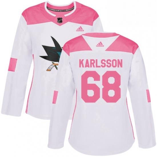 Womens Adidas San Jose Sharks 68 Melker Karlsson Authentic WhitePink Fashion NHL Jersey