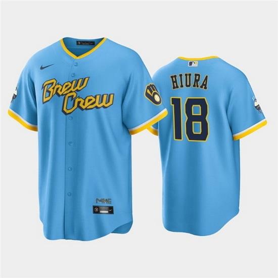 Men MilWaukee BreWers 18 Keston Hiura 2022 PoWder Blue City Connect Cool Base Stitched Jersey