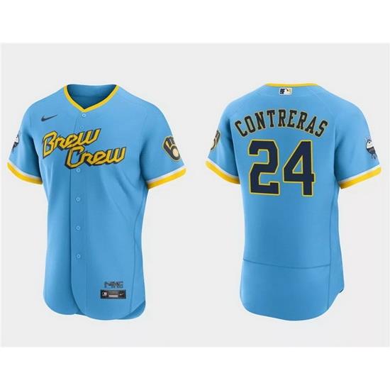 Men Milwaukee Brewers 24 William Contreras Powder Blue 2022 City Connect Flex Base Stitched Baseball Jersey