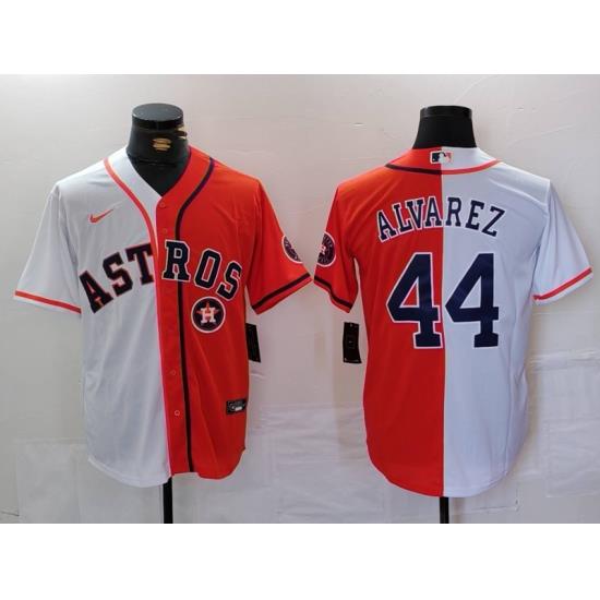 Men Houston Astros 44 Yordan Alvarez White Orange Split With Patch Cool Base Stitched Baseball Jersey 1
