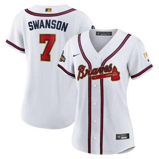 Women Atlanta Braves 7 Dansby SWanson 2022 White Gold World Series Champions Program Stitched Jersey