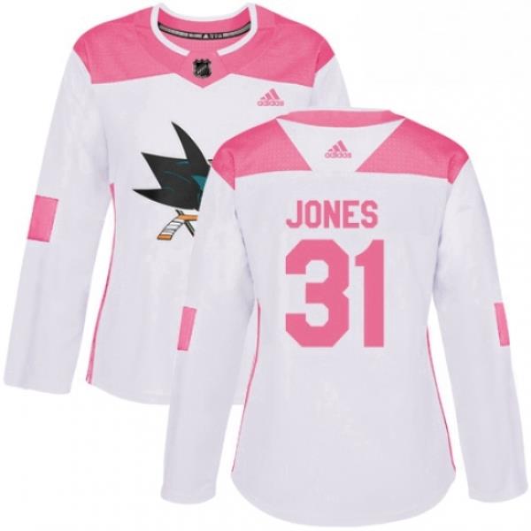 Womens Adidas San Jose Sharks 31 Martin Jones Authentic WhitePink Fashion NHL Jersey