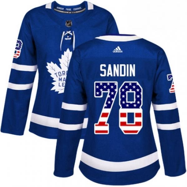 Womens Adidas Toronto Maple Leafs 78 Rasmus Sandin Authentic Royal Blue USA Flag Fashion NHL Jersey