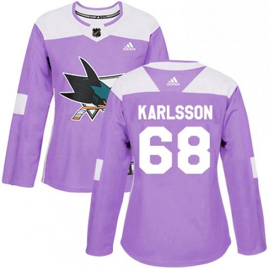Womens Adidas San Jose Sharks 68 Melker Karlsson Authentic Purple Fights Cancer Practice NHL Jersey