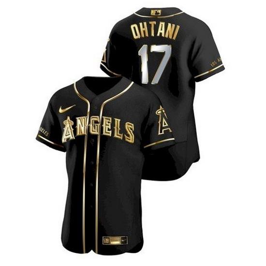 Men Los Angeles Angels 17 Shohei Ohtani Black Gold Stitched MLB Flex Base Nike Jersey