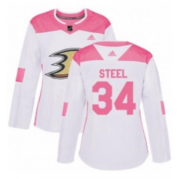 Womens Adidas Anaheim Ducks 34 Sam Steel Authentic WhitePink Fashion NHL Jersey