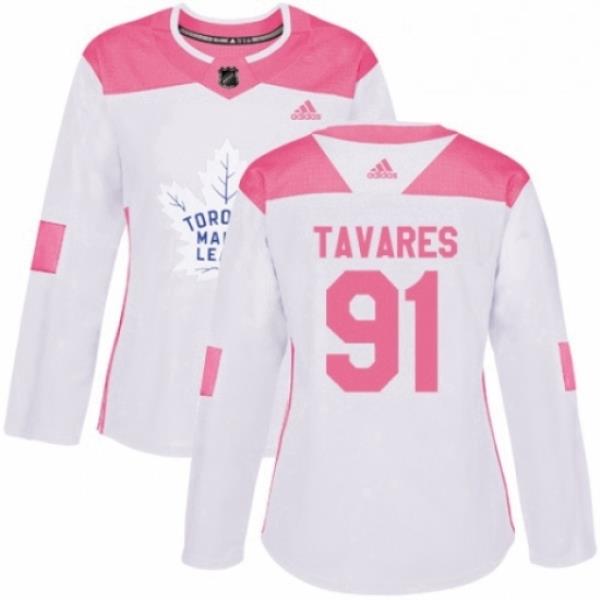 Womens Adidas Toronto Maple Leafs 91 John Tavares Authentic White Pink Fashion NHL Jersey
