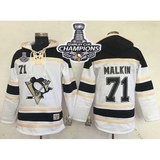 Men Pittsburgh Penguins 71 Evgeni Malkin White Sawyer Hooded Sweatshirt 2016 Stanley Cup Champions Stitched NHL Jersey