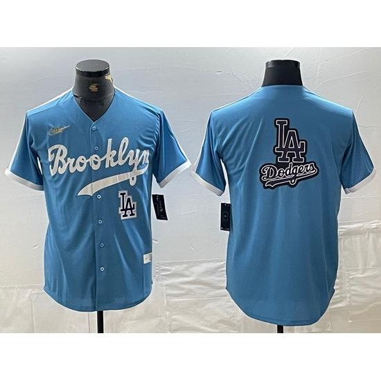 Men Los Angeles Dodgers Team Big Logo Light Blue ThroWback Cool Base Stitched Baseball Jersey 6