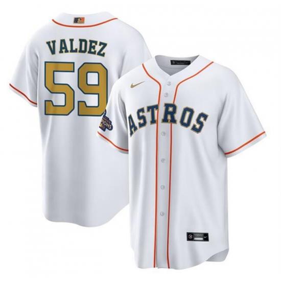 Men Houston Astros 59 Framber Valdez White Gold Cool Base Stitched Baseball Jersey