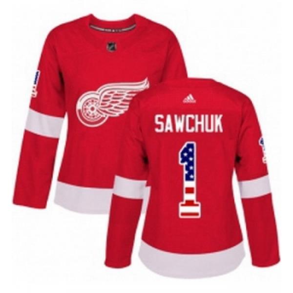 Womens Adidas Detroit Red Wings 1 Terry Sawchuk Authentic Red USA Flag Fashion NHL Jersey