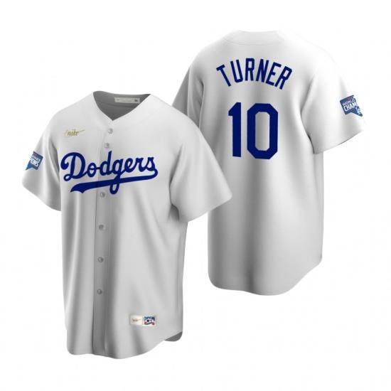 Men Brooklyn Los Angeles Dodgers 10 Justin Turner White 2020 World Series Champions CooperstoWn Collection Jersey