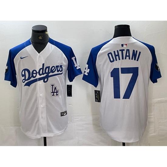 Men Los Angeles Dodgers 17 Shohei Ohtani White Blue Vin Patch Cool Base Stitched Baseball Jersey 9