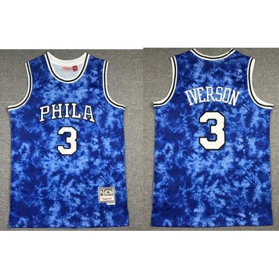 Men Philadelphia 76ers Allen Iverson 3 Blue Constellation Edition Hardwood Classic Mitchll Ness NBA Jersey