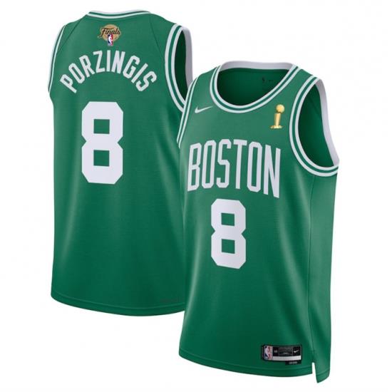 Men Boston Celtics 8 Kristaps Porzingis Kelly Green 2024 Finals Champions Icon Edition Stitched Basketball Jersey