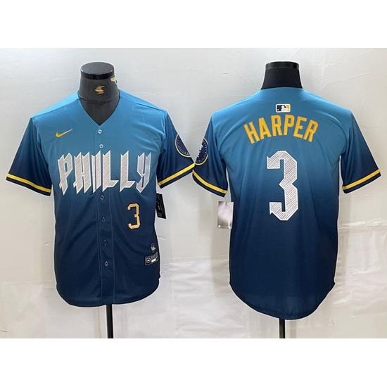 Men Philadelphia Phillies 3 Bryce Harper Blue 2024 City Connect Limited Stitched Jersey 5
