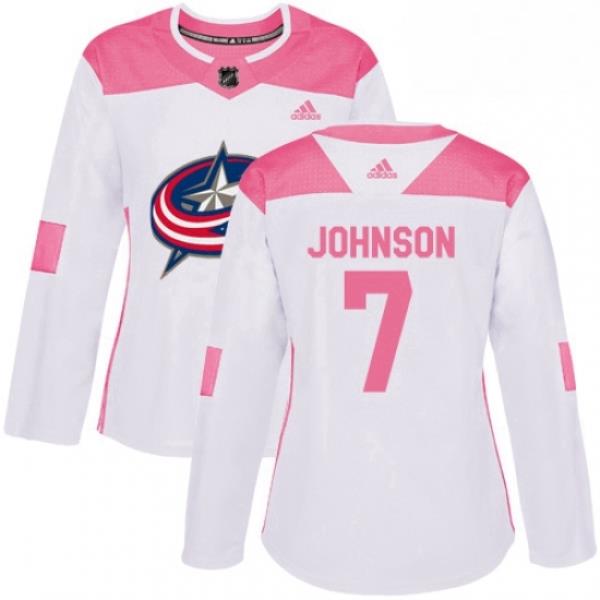 Womens Adidas Columbus Blue Jackets 7 Jack Johnson Authentic WhitePink Fashion NHL Jersey