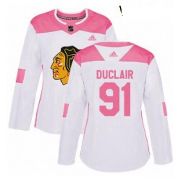Womens Adidas Chicago Blackhawks 91 Anthony Duclair Authentic White Pink Fashion NHL Jersey