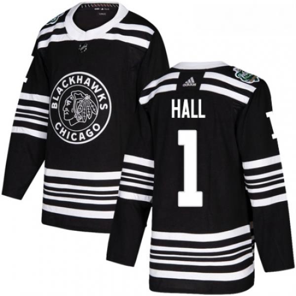 Youth Adidas Chicago Blackhawks 1 Glenn Hall Authentic Black 2019 Winter Classic NHL Jersey