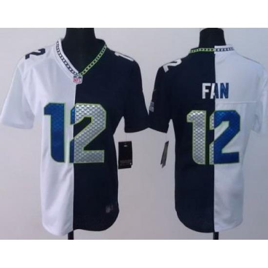 Women Nike Seattle Seahawks 12# Fan White Blue Split NFL Jerseys