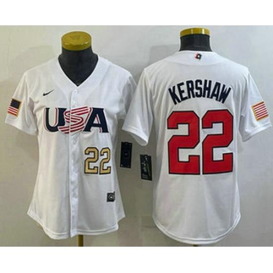 Womens USA Baseball #22 Clayton KershaW Number 2023 White World Classic Stitched Jersey