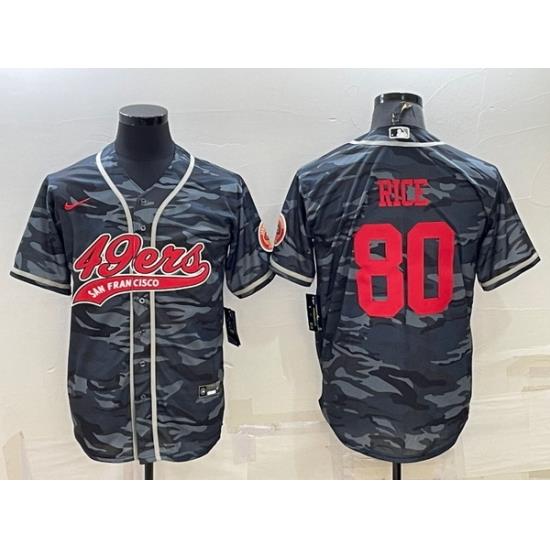 Men San Francisco 49ers 80 Jerry Rice Grey Red Camo With Patch Cool Base Stitched Baseball Jersey