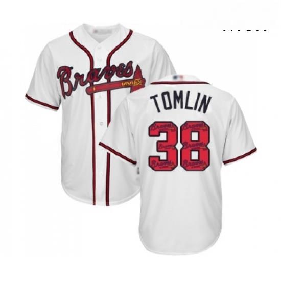 Mens Atlanta Braves 38 Josh Tomlin Authentic White Team Logo Fashion Cool Base Baseball Jersey
