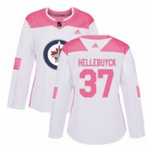 Womens Adidas Winnipeg Jets 37 Connor Hellebuyck Authentic WhitePink Fashion NHL Jersey