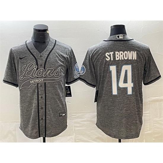 Men Detroit Lions 14 Amon Ra St  Brown Grey Cool Base Stitched Baseball Jersey