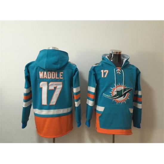 Men Miami Dolphins 17 Jaylen Waddle Aqua Lace Up Pullover Hoodie