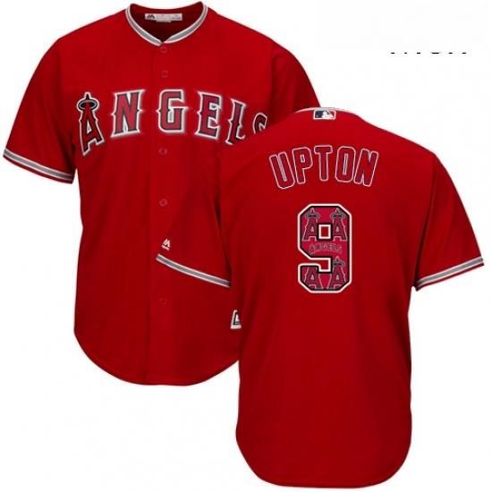 Mens Majestic Los Angeles Angels of Anaheim 9 Justin Upton Authentic Red Team Logo Fashion Cool Base MLB Jersey