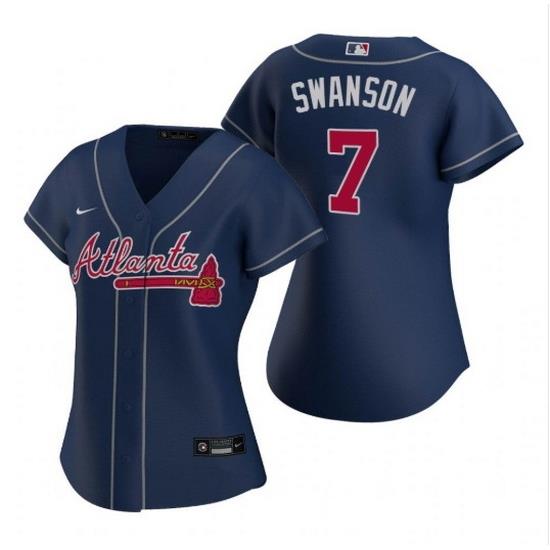 Women Atlanta Braves 7 Dansby SWanson Navy Cool Base Stitched Jersey