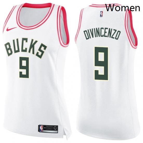 Womens Nike Milwaukee Bucks 9 Donte DiVincenzo Swingman White Pink Fashion NBA Jersey
