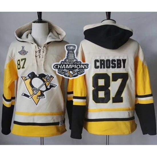 Men Pittsburgh Penguins 87 Sidney Crosby Cream Gold Sawyer Hooded Sweatshirt 2017 Stanley Cup Finals Champions Stitched NHL Jersey