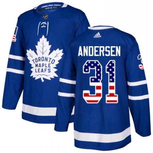 Youth Adidas Toronto Maple Leafs 31 Frederik Andersen Authentic Royal Blue USA Flag Fashion NHL Jersey
