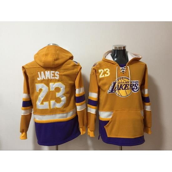 Men's Los Angeles Lakers #23 Lebron James Yellow Lace-Up Pullover Hoodie