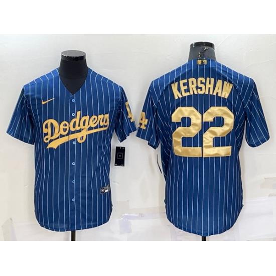 Men Los Angeles Dodgers 22 Clayton KershaW Navy Gold Cool Base Stitched Baseball Jersey
