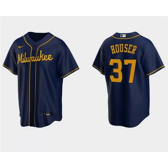 Men Milwaukee Brewers 37 Adrian Houser Navy Cool Base Stitched Jersey