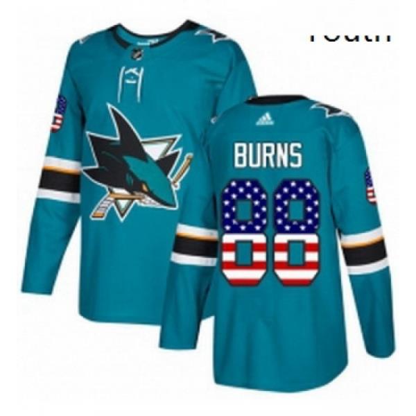 Youth Adidas San Jose Sharks 88 Brent Burns Authentic Teal Green USA Flag Fashion NHL Jersey