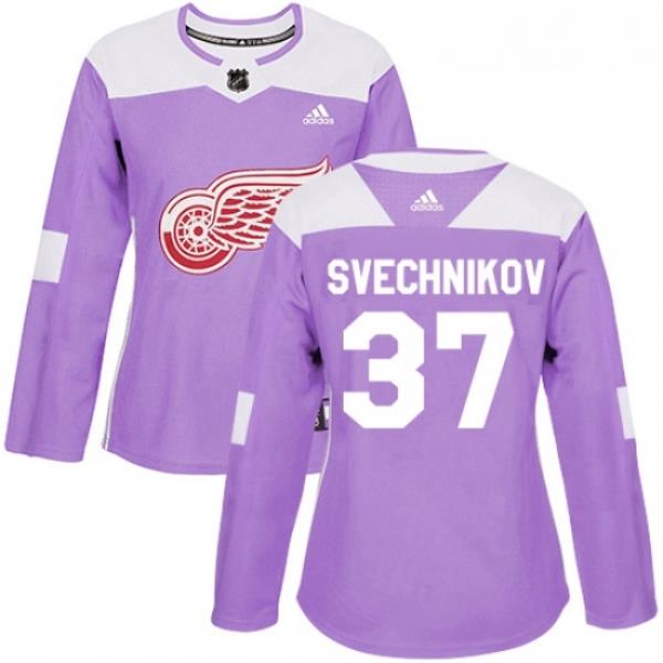 Womens Adidas Detroit Red Wings 37 Evgeny Svechnikov Authentic Purple Fights Cancer Practice NHL Jersey