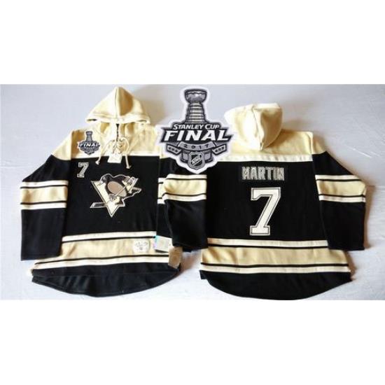 Men Pittsburgh Penguins 7 Paul Martin Black Sawyer Hooded Sweatshirt 2017 Stanley Cup Final Patch Stitched NHL Jersey