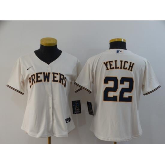 Women BreWers 22 Christian Yelich Cream Women Nike 2020 Cool Base Jersey